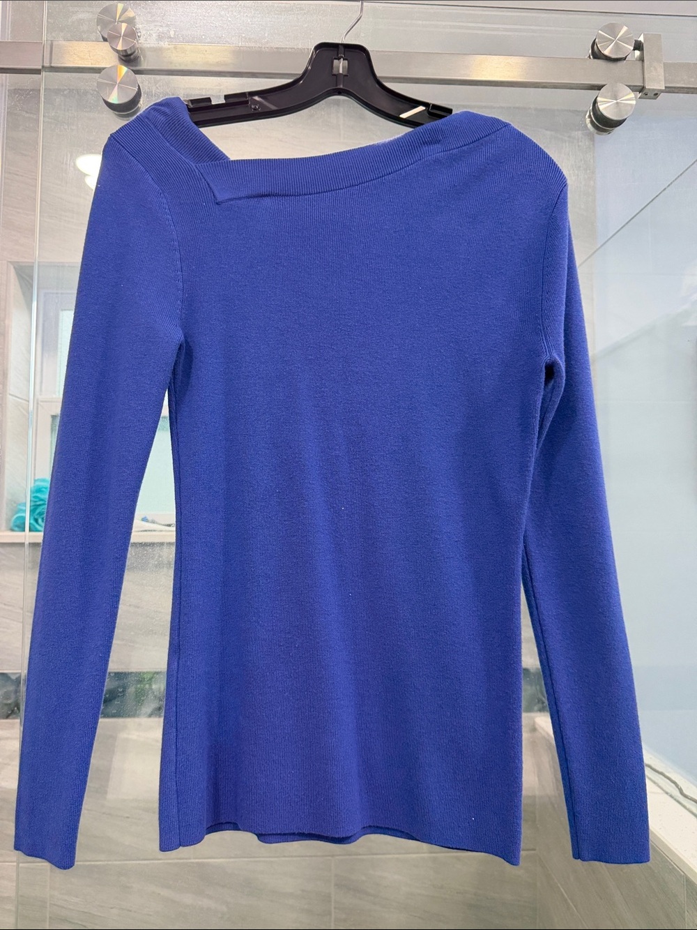 Women's Long-Sleeve Asymmetric Neck Top - Blue - Picture 2 of 3